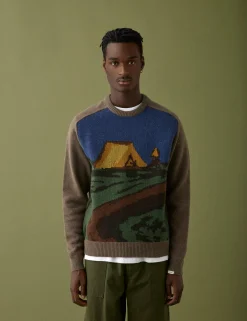 Men Forét Sweatshirts-Camp Jacquard Knit-Khaki