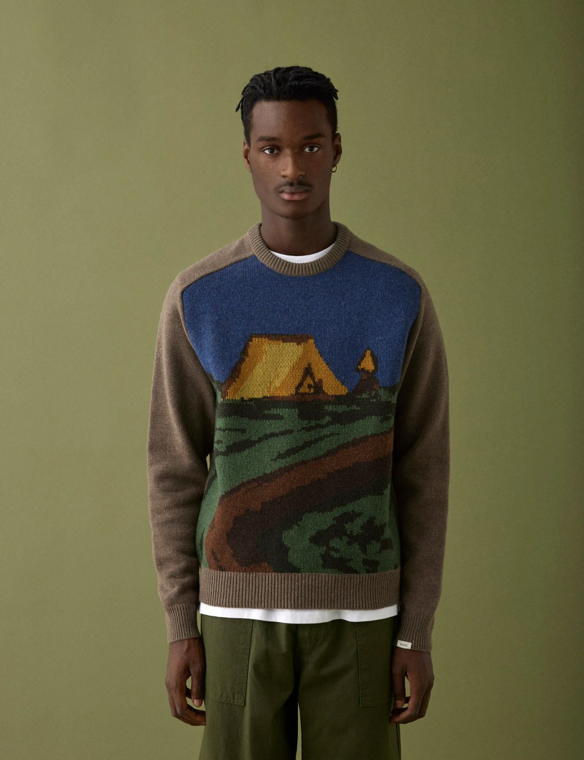 Men Forét Sweatshirts-Camp Jacquard Knit-Khaki