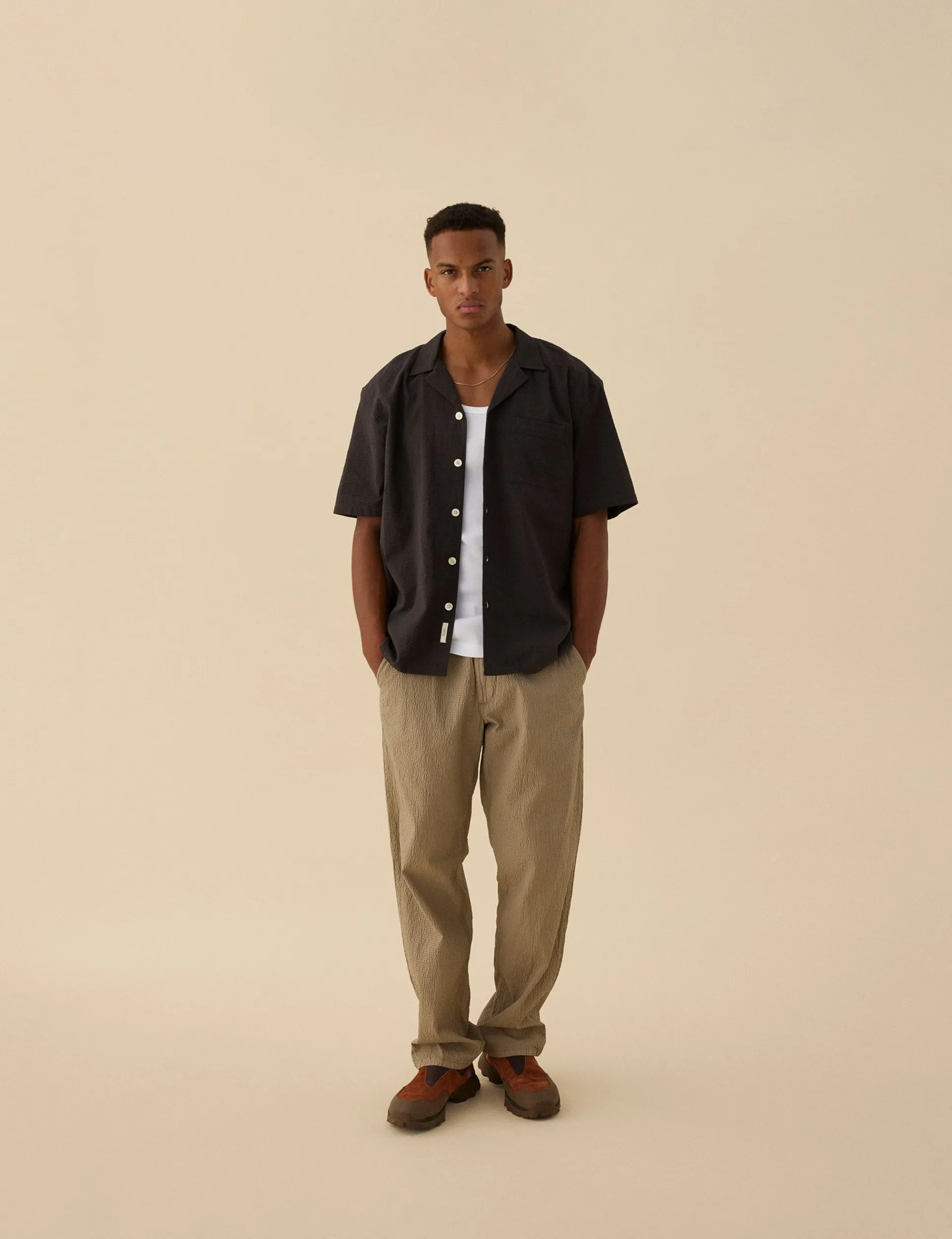 Men Forét Pants-Clay Seersucker Pants-Taupe