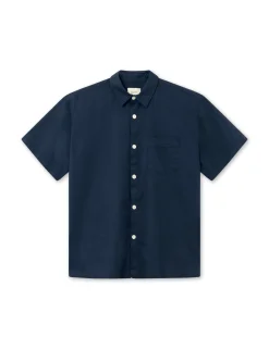 Men Forét Shirts-Serene Linen Ss Shirt-Navy